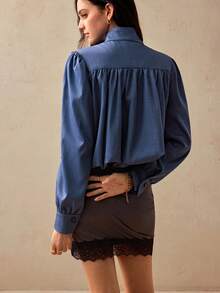 Willow Rêve Women's Dusty Blue Stand-Collar Cropped Jacket, Button Front, Pleated Puff Long Sleeves, Elegant French Style, Office Autumn - Navy Blue - View 2