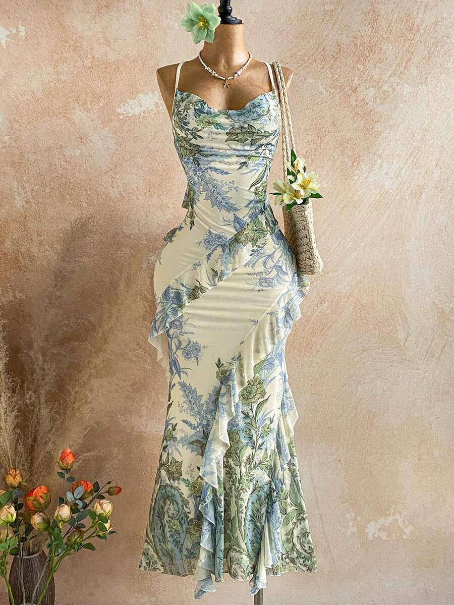 Soleia 女士彩色复古印花垂褶领口层叠荷叶边下摆连衣裙，度假风