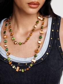Kryxie 1pc Vintage Bohemian Style Colorful Shell Beaded Double Layer Long Necklace Sweater Chain Suitable For Women Beach - Multicolor - View 1