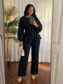 SHEIN Lady CURVE Plus Size Women Solid Color Lantern Sleeve Blouse And Pants Casual 2 Pieces Set - Black - View 6