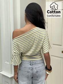 Aloruh Women's Striped Asymmetrical Shoulder Loose Top With Ruched Waist, Simple Basic T-Shirt - Pale Yellow - View 2
