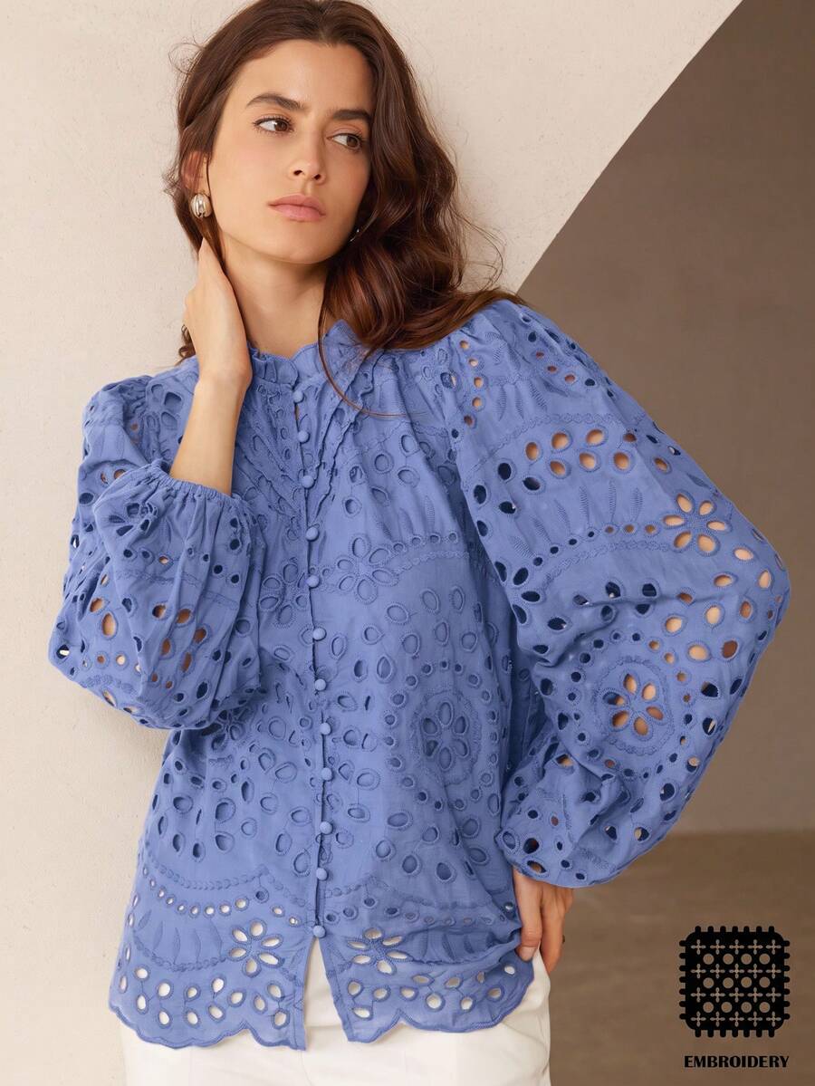 Frievida Autumn New French Style Premium Casual Heavy Embroidery Hollow Out Ruched Puff Long Sleeve Blouse - Baby Blue - View 1