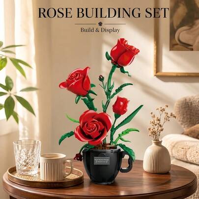 POKOJA LAND 1 pieza Ramo de rosas rojas 3D geométrico - Adorno floral escultural perenne con base de copa negra - Exhibición estética de escritorio para oficina en casa acogedora - Regalo sentimental para mujeres y mejores amigas