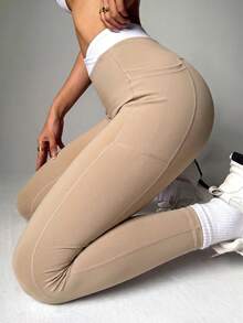 Slayform Slayform Legging Olahraga Wanita Serbaguna dengan Pinggang Silang dan Warna Kontras yang Pas di Badan - Khaki - View 4
