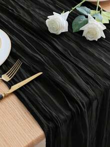 1/2/5 Packs Polyester Black Gauze Pleated Table Runner For Holiday Graduation, Birthday Party Decoration, Wedding Supplies, Holiday Home Party Room Table Decoration, Party, - black - View 3