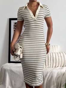 leahseptember Women's Casual Commute Striped Polo Collar Fitted Mid-Length Dress,Winter,Women's Beach Fashion ,Thanksgiving, Collar Dress Women Elegant Summer - Multicolor - View 6