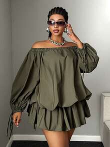 Maweii Plus Size Women Solid Color Off-Shoulder Ruched Casual Daily Summer Dress - Army Green - View 4