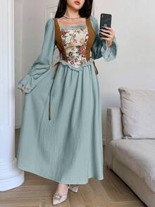 Modelyn 女士优雅撞色提花连衣裙 - 綠色 - 查看 5