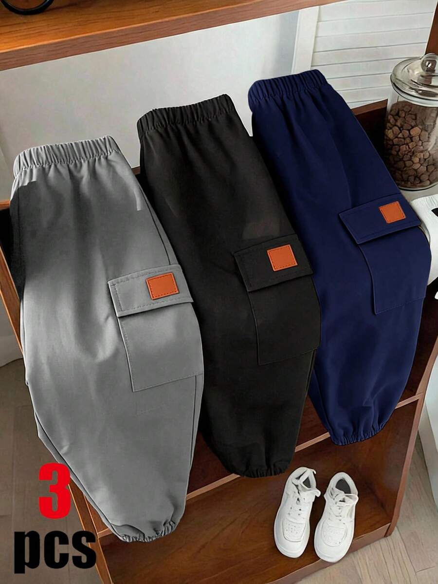 3件組兒童小男孩休閒運動學院街頭風可愛度假慢跑褲,包含綠色慢跑褲、黑色慢跑褲與卡其色慢跑褲,工裝褲,適合春夏秋冬、家庭聚會、開學季、婚禮季、運動、生日派對 - 彩色 - 查看 1
