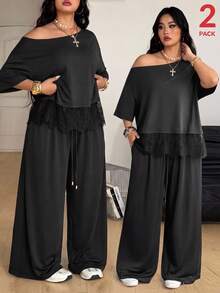 Coolane Plus Size Asymmetric Neck Lace Patchwork Top And Drawstring Waist Loose Pants 2-Piece Set - Black - View 2