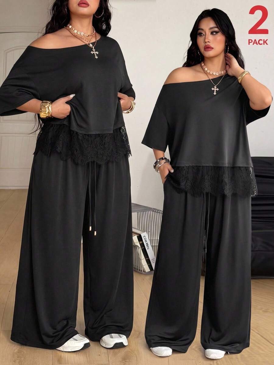Coolane Plus Size Asymmetric Neck Lace Patchwork Top And Drawstring Waist Loose Pants 2-Piece Set - Black - View 1