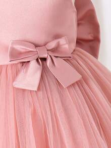 SHEIN Glamorique Kids 女嬰公主禮服大蓬裙 派對生日夏季花童裙 灰粉色蓬鬆薄紗婚禮裙 V領露背 大蝴蝶結 優雅款 - 藕粉色 - 查看 6