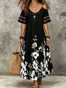 EMERY ROSE Plus Size Shoulder Strap Off-Shoulder Short Sleeve Dress Maxi Women Outfit - Multicolor - View 3