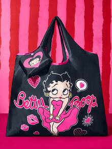 Betty Boop x SHEIN 復古 Pin-Up Girl 與愛心印花可折疊聚酯纖維購物袋，可重複使用超市購物袋附收納袋 - 黑色和粉色 - 查看 2