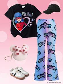 Miraculous Ladybug X SHEIN Set med rundhalsad kortärmad t-shirt med tecknad karaktärstryck och byxor med bokstavstryck för tween-flickor - Svart - Visa 3