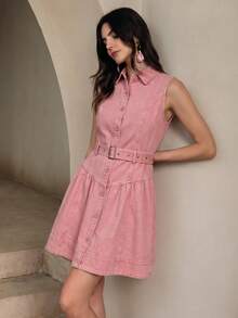 Anewsta Women's Summer Pink Dress, Fashionable Modern Structured Tank Top Collar Design With Belt, Denim Dress - Pink - View 5