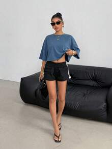 SHEIN EZwear 女士纯色简约圆领长袖T恤，日常穿着 - 藍色 - 查看 6