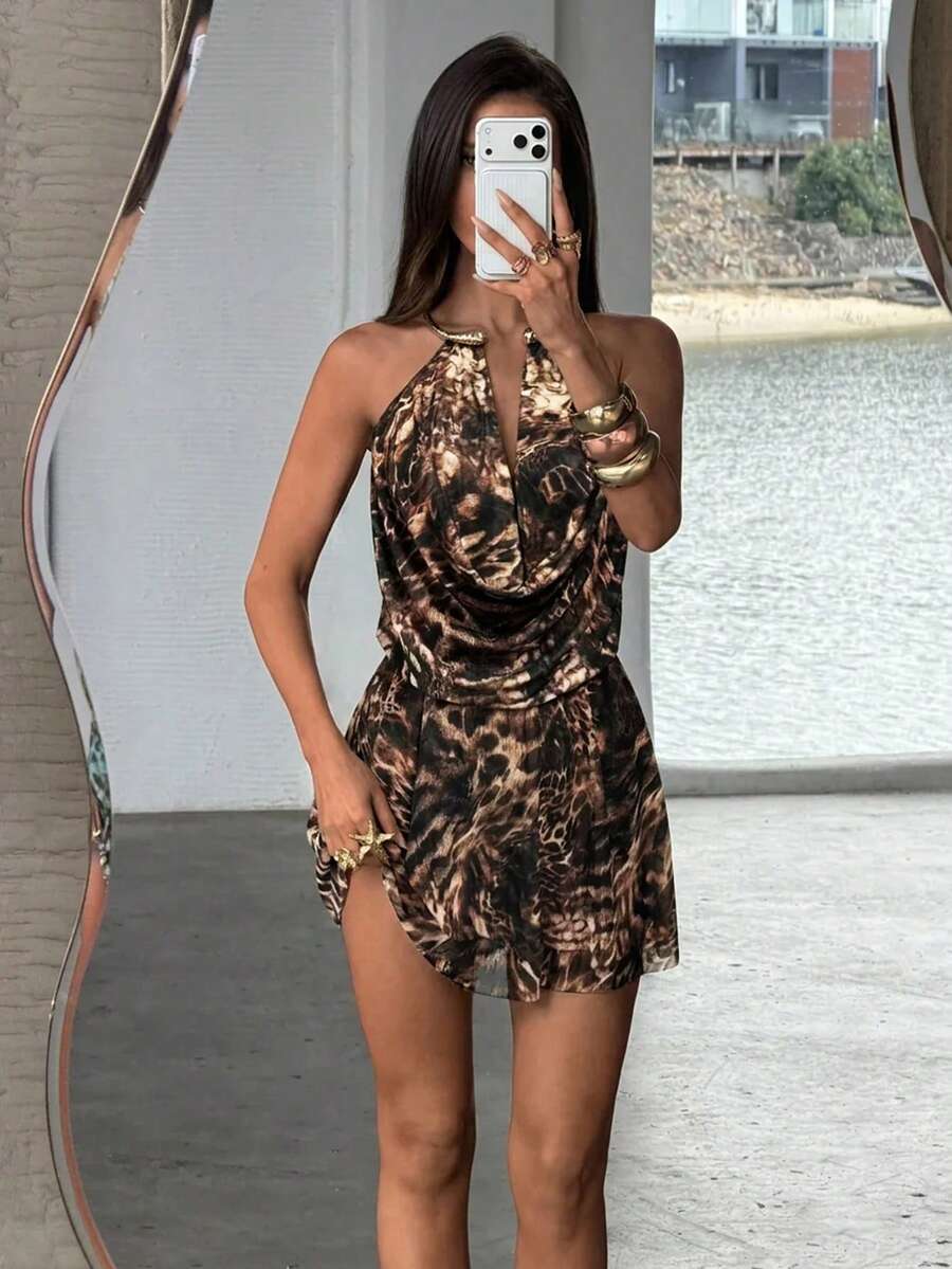 Aloruh 女款豹紋性感約會派對迷你掛脖洋裝 - 棕色 - 查看 1