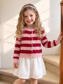 SHEIN Girls' Autumn/Winter Thick Fashion Bow Cute Minimalist Knit Sweater Long Sleeve Cardigan Back-To-School - Multicolor - View 7