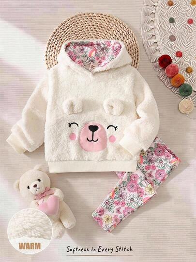 Cozy Pixies Baby Girl Cartoon Pink Bear Pattern Fleece Lined Thick Crew Neck Long Sleeve Hooded Sweatshirt Floral Rainbow Pattern Elastic Waist Long Pants 2-Piece Set Suitable For Outings, Parties, Photoshoots And Play