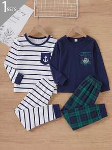 SHEIN Vintaside Kids 2件組男孩長袖休閒條紋寬鬆套裝，秋季慵懶休閒風，送給男孩的最佳禮物 - 藏蓝色 - 查看 4