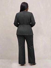SHEIN SXY Plus Size Women's Striped Side-Tie Waist Jacket And Pants Suit Set - Black - View 7