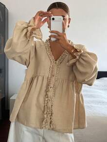 DAZY Women's Autumn Casual Solid Color Frill Trim Blouse - Apricot - View 3