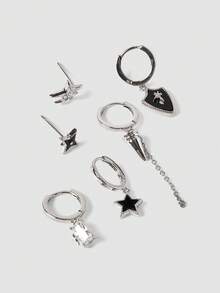 MortiRose Silver Sweet And Cool Girl Wind Star Love Six-Piece Set Of Earrings Chain Fringed Earrings Daily Versatile Niche Design Stud Earrings - Silver - View 8