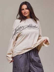 MUSERA Plus Size Cream Graphic Long Sleeve Top Winter Fall Autumn Casual Top Day Outfit Comfy Outfit Cool - White - View 1