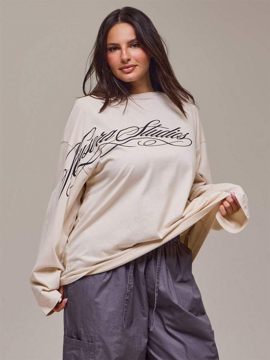 MUSERA Plus Size Cream Graphic Long Sleeve Top Winter Fall Autumn Casual Top Day Outfit Comfy Outfit Cool - White - View 1