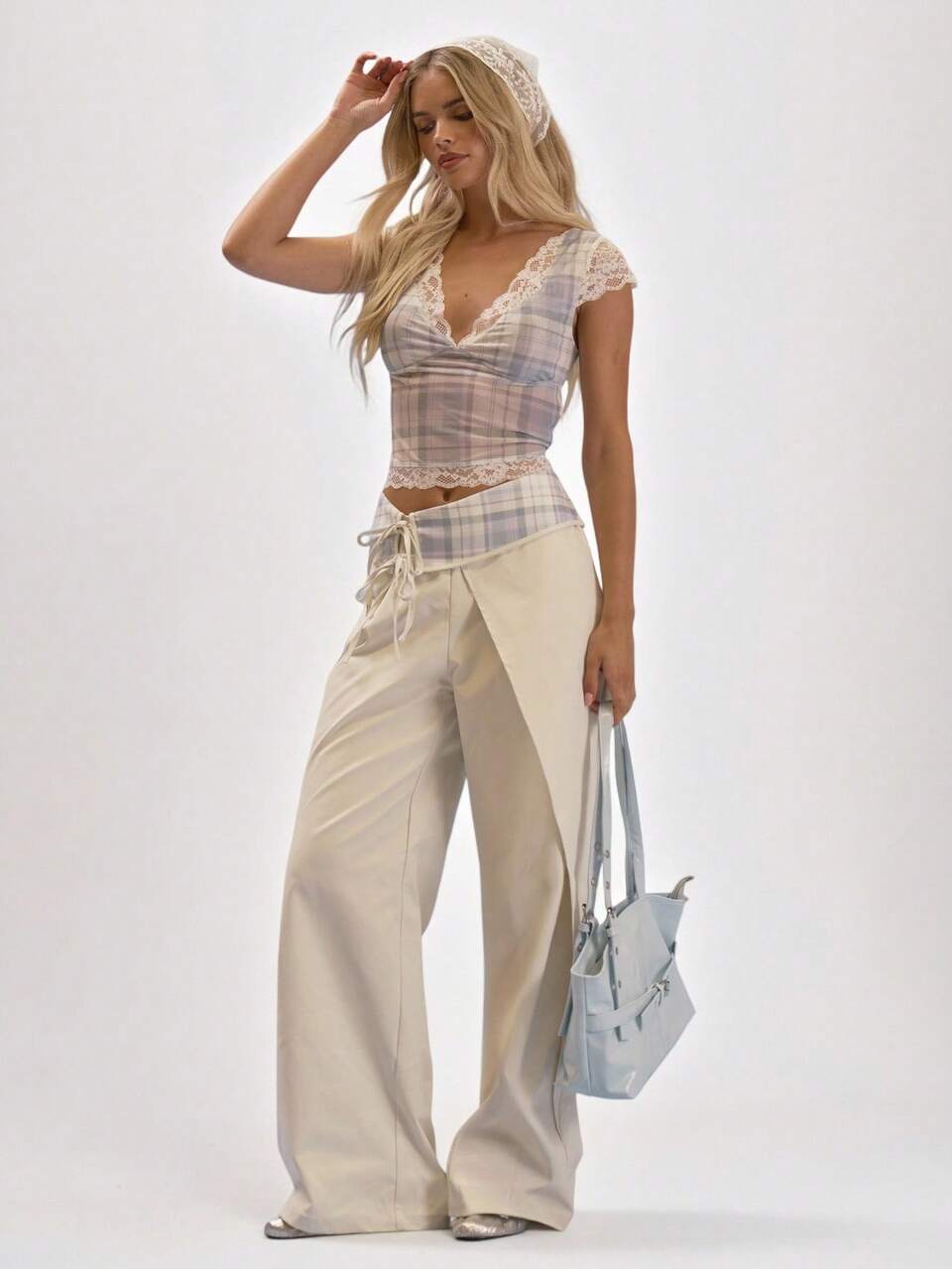 Checked Scalloped Lace Open-Back Top