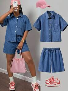 SHEIN 2件組青少年女孩寬鬆短版上衣與寬鬆舒適牛仔短褲，萬聖節與黑色返校風格 - 藍色 - 查看 1