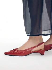 Mnmlis Elegant Pleated Bow Pointy Strap Rear Low Heel Retro French Red Shoes Commuter Dating Party Everyday Wear - Red - View 8