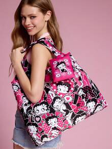 Betty Boop x SHEIN Retro Girl & Heart Print Large Capacity Foldable Polyester Shopping Bag, Reusable Grocery Tote With Storage Pouch - Pink White Black - View 1
