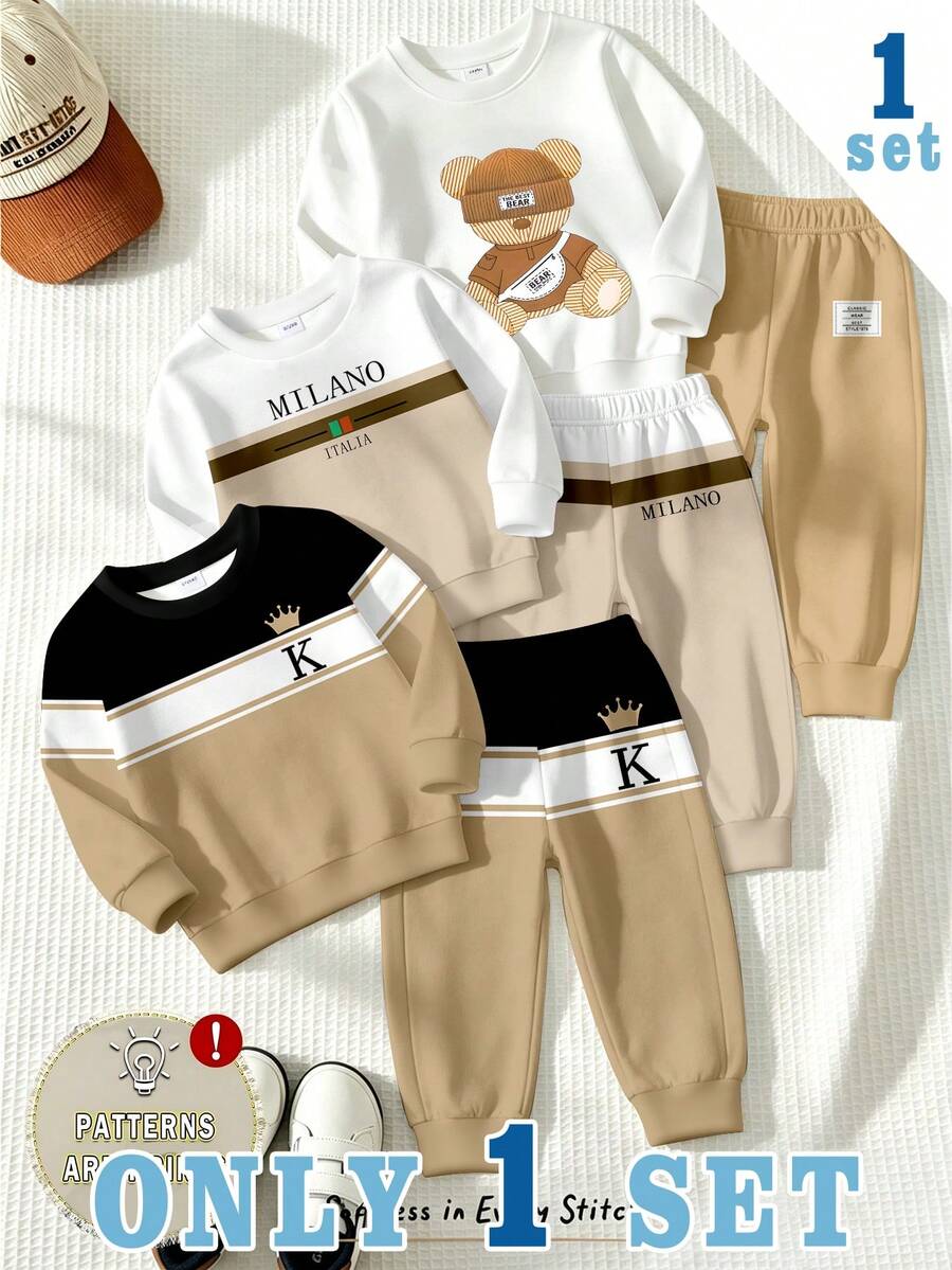 SHEIN 1 Random Set,Fleece Striped Colorblock Casual Fashion Sporty Classic 3-Piece Set With Colorblock Patchwork Teddy Bear - Multicolor - View 1