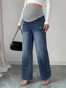 DAZY Casual Washed Rhinestone Decor Elegant Daily Wear Wide Leg All Season Maternity Long Denim Jeans Fall - Medium Wash - View 4