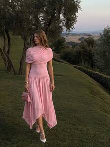 Enchnt Women's Summer Elegant Romantic Solid Color Asymmetrical Hem Dress Wedding Cocktail Night Out Party Brunch Garden Party Day Party Soft Pink - Pink - View 7