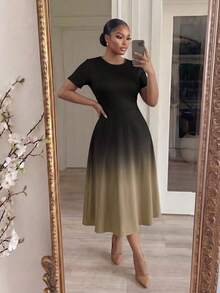 SHEIN Lady Plus Size Fashion Gradient Color Round Neck Short Sleeve Vacation Dress - Multicolor - View 6