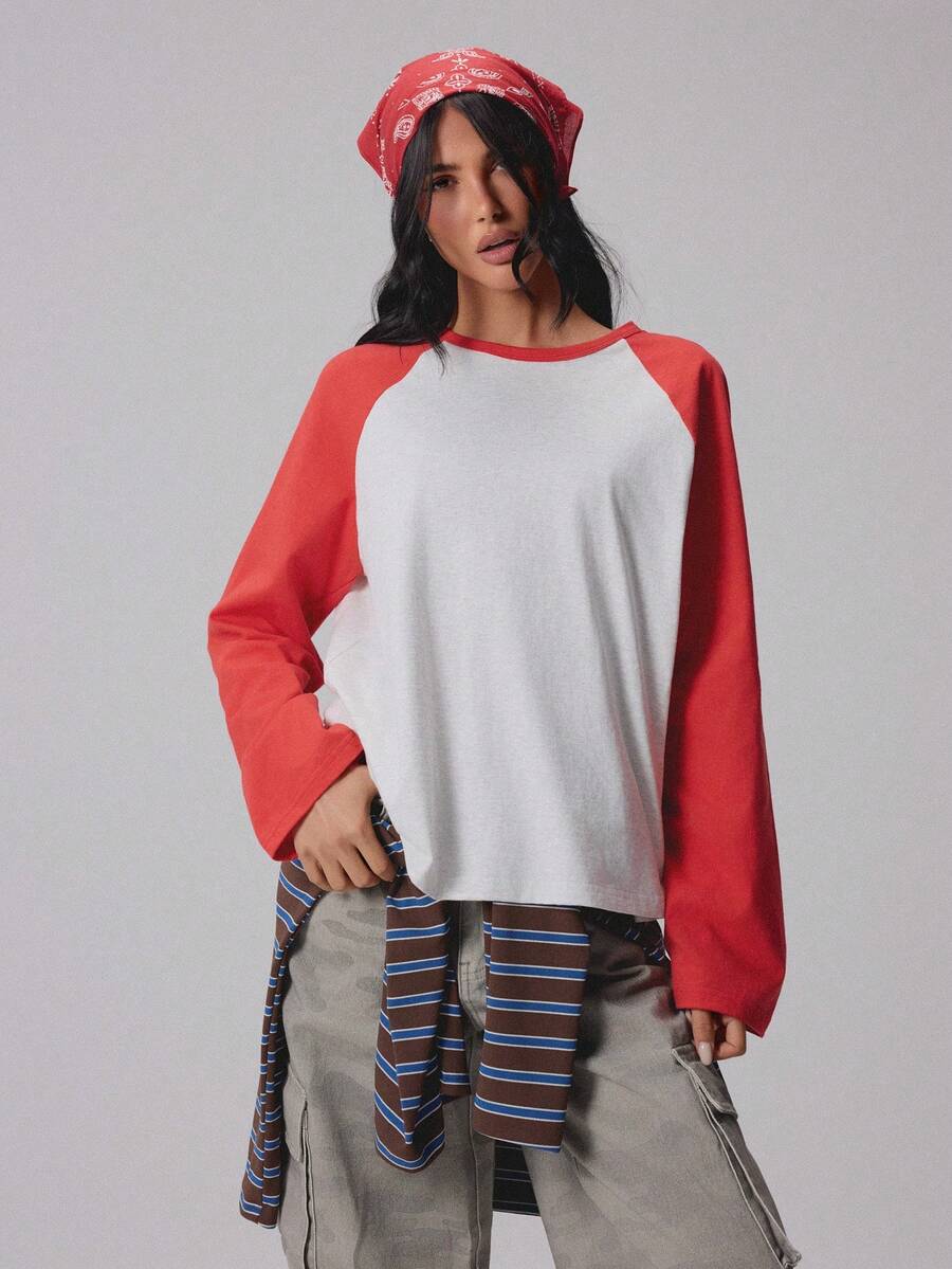 MISSGUIDED Colour Block Raglan Long Sleeve Crew Neck T-Shirt With Contrast Sleeves Casual Everyday Top - Multicolor - View 1