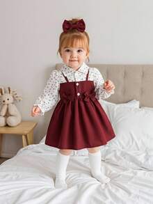 SHEIN Playful Pals 酒紅色碎花 2 合 1 女嬰洋裝，秋季新款甜美公主風洋裝，翻領、泡泡袖、蝴蝶結設計，時尚女嬰洋裝 - 酒紅色 - 查看 2