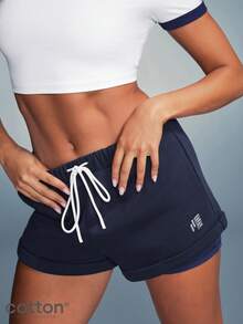 11SKNDS Double Layer Mini Shorts With Elastic Drawstring Waist Side Pockets And Branded Logo Detail Summer Essential - Navy Blue - View 1
