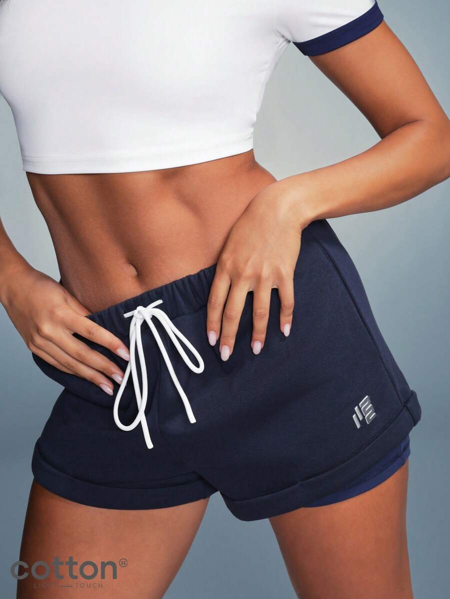 11SKNDS Double Layer Mini Shorts With Elastic Drawstring Waist Side Pockets And Branded Logo Detail Summer Essential - Navy Blue - View 1
