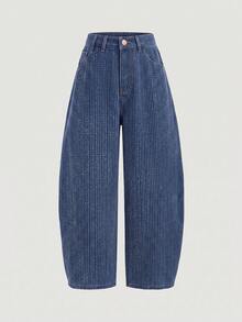 SHEIN MOD Plus Size Women's Pocket Curved Leg Wide Leg Loose Casual Denim Jeans - Medium Wash - View 1