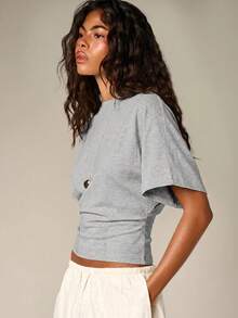 AiiRZ Oversized Crop T-Shirt With Cropped Hem And Short Sleeves Casual Boxy Fit Crew Neck Top For Spring Summer - Grey - View 4