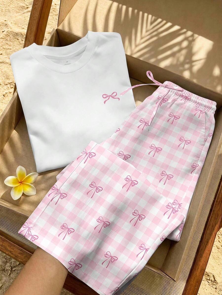 Veykashi 女款休閒居家服套裝,圓領短袖上衣搭配粉色印花長褲,蝴蝶圖案,女款休閒套裝,夏季大尺碼兩件式穿搭 - 彩色 - 查看 1