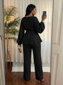 SHEIN Lady CURVE Plus Size Women Solid Color Lantern Sleeve Blouse And Pants Casual 2 Pieces Set - Black - View 2