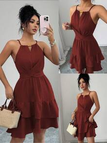 Elenzga Women's Spring/Summer Elegant Khaki Beaded Bow Tie Sleeveless Fitted Flared Mini Dress - Burnt Orange - View 1