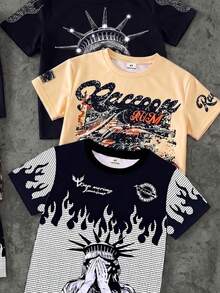 1 Random Set, Street Fashion Cool Character Graphic English Print T-Shirt With Matching Print Shorts Set - Multicolor - View 5
