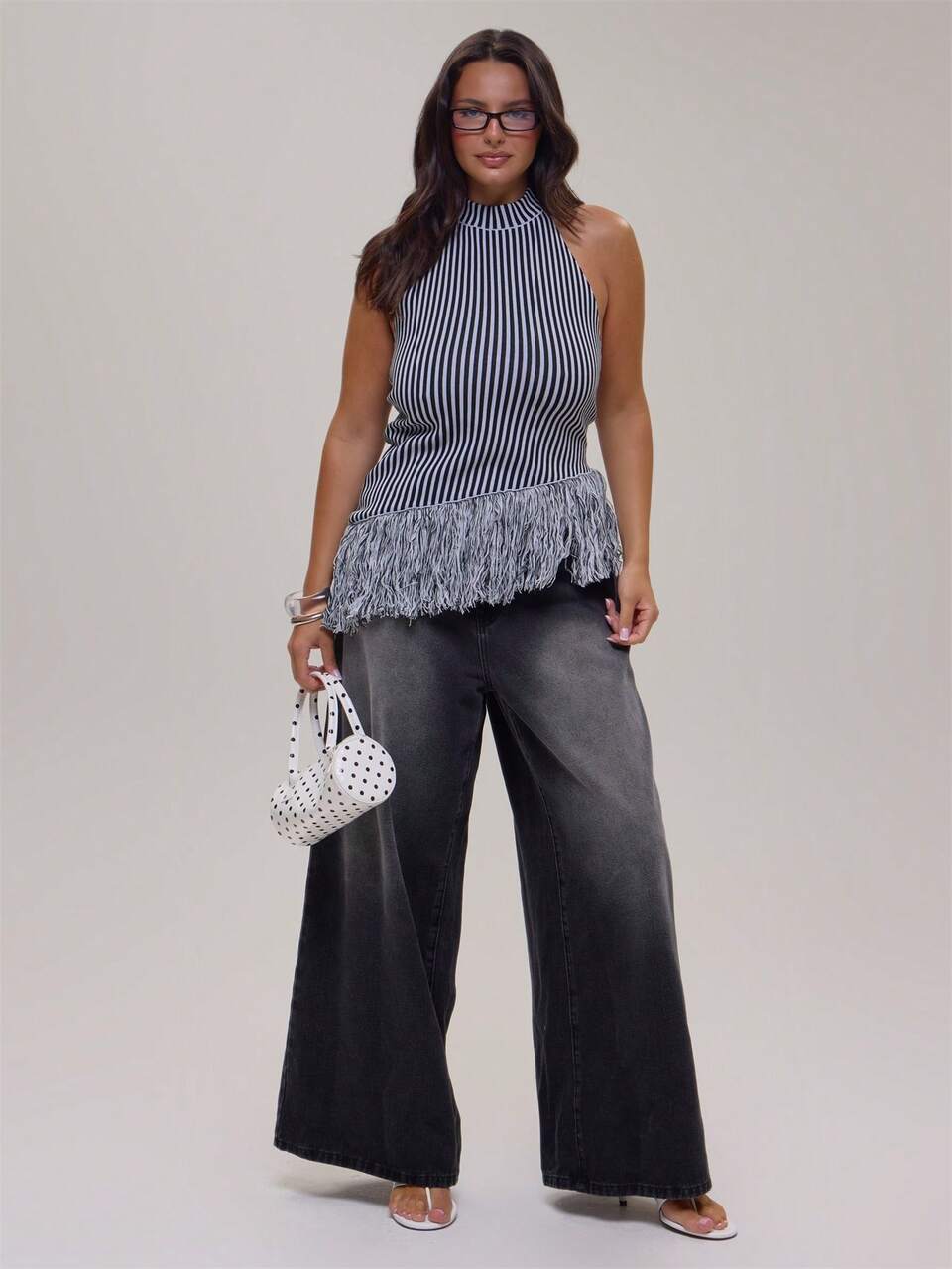 Plus Size Blue Contrast Knitted Stripe Frill Detail Top Winter Fall Going Out Womens Outfit