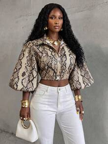 BamGlimmer Women's Fashion Commute Snake Skin Print Lantern Sleeve Cropped Blouse - Multicolor - View 2